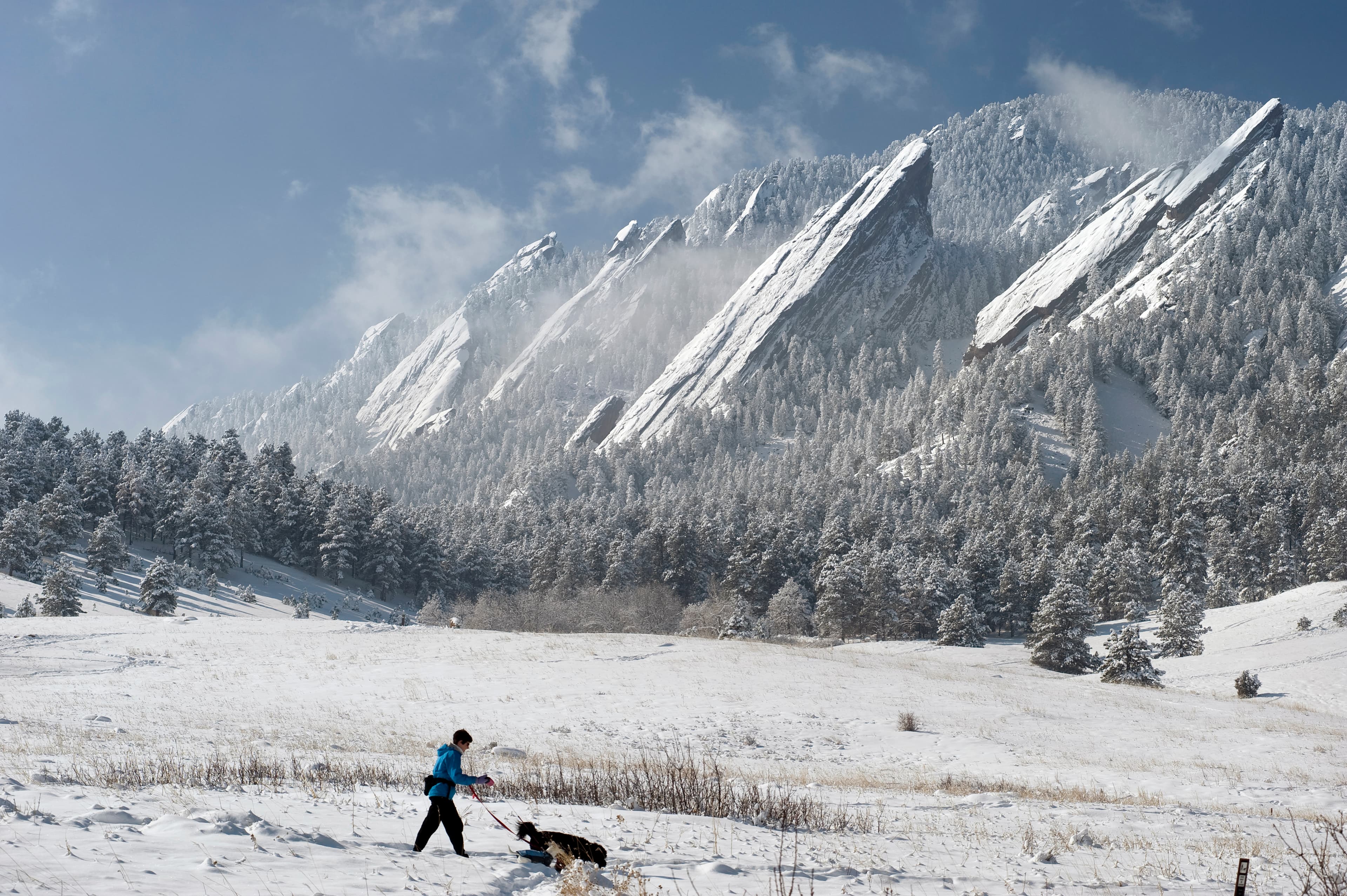 Boulder Flatirons rock formations in winter